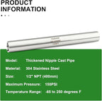 TAISHER 1PCS Stainless Steel Pipe Fittings, 1/2" NPT Female x 1/2" NPT Female Threaded, 16" Length Thickened Nipple Cast Pipe