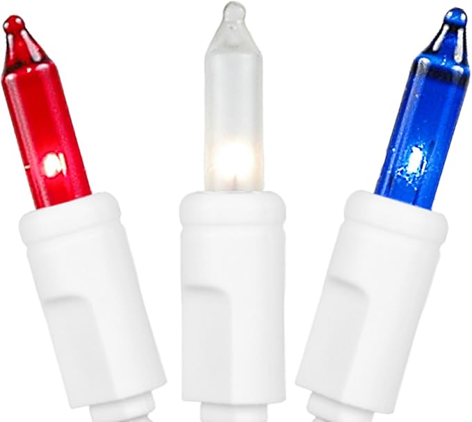 Novelty Lights 50 Feet 100 Bulb Incandescent Mini Light String, Red/White/Blue with 6-Inch Spacing on White Wire, UL Listed Commercial Grade Indoor/Outdoor Mini Lights, Connectable End-to-End