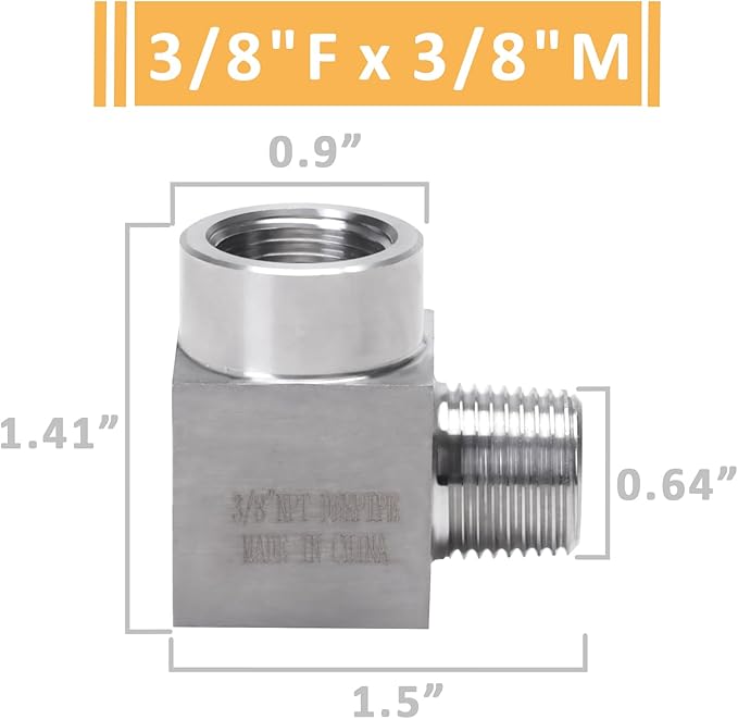 90 Degree Street Elbow - 3/8" NPT Male to 3/8" NPT Female Stainless Steel 304 Heavy Duty Forged Square Barstock Street Elbow Adapter Pipe Fitting (pack of 5)