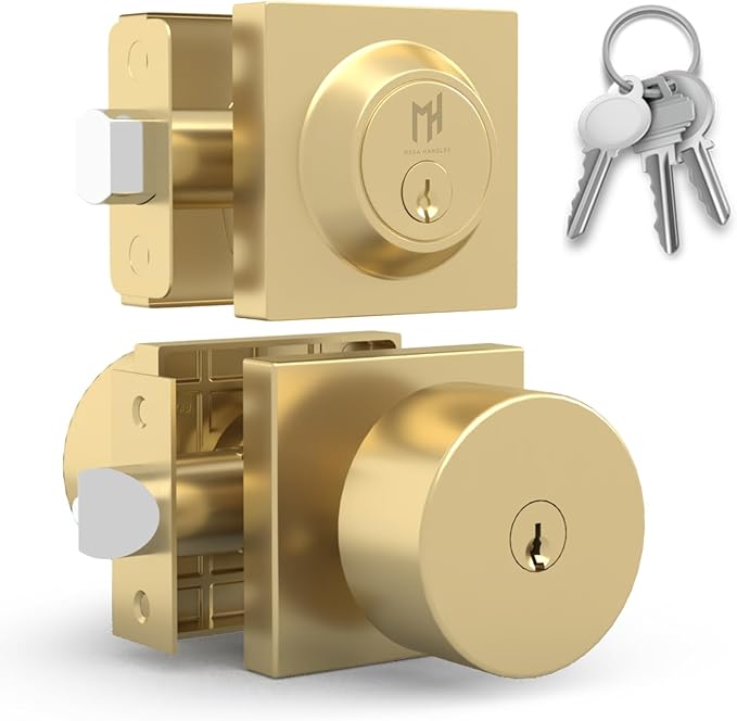 Mega Handles SUANA Entrance Combo, Door Knob and Cylinder Deadbolt and Key Combo, Heavy Duty Locking Door Knobs for Left or Right-Handed Doors – Satin Brass