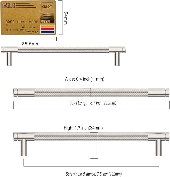Amerdeco 10 Pack Brushed Satin Nickel Knurled Cabinet Pulls 7.55 Inch Center to Center Kitchen Cabinet Handles for Drawer Dresser, Cupboard and Wardrobe ZH0031