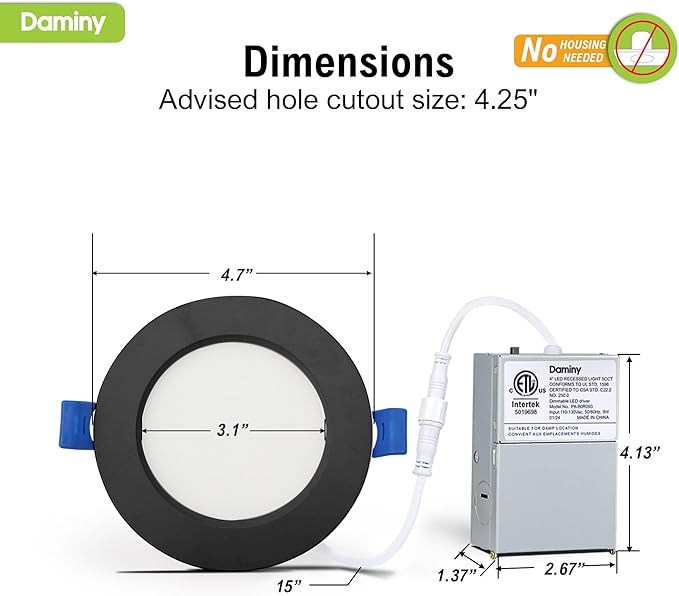DAMINY 24 Pack 4 Inch Black LED Recessed Lighting with Junction Box,5CCT,Ultra-Thin Recessed Light,7W 700lm, Dimmable Canless Wafer Ceiling Light, High Brightness - ETL