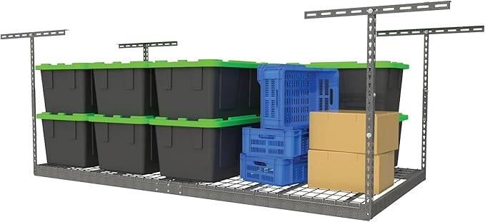 MonsterRax Overhead Garage Storage Rack - 4 x 8 Ceiling Racks for Garage, Organization Shelving, Hanging Shelf, Grey, 24"-45" Height Adjustment