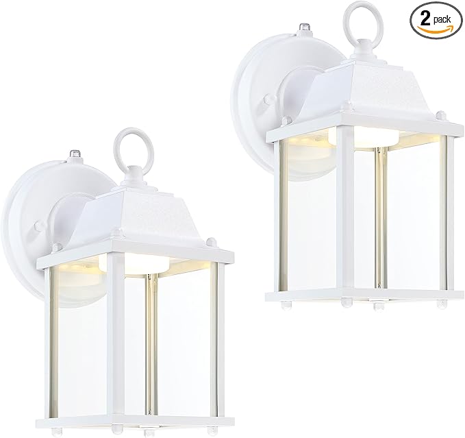 LIT-PaTH Dusk to Dawn Outdoor Wall Lantern, LED Wall Sconce, 3000K Warm White, 9.5W, 800 Lumen, Aluminum Housing Plus Glass, Outdoor Rated, 2-Pack, White