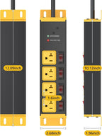 CCCEI Heavy Duty Surge Protector Power Strip 20 Amp Individual Switches. 6FT 12 Gauge Extension Cord with Multiple Outlets. Kitchen, Garage, Shop, Industrial Wall Mount Electric Extender, Yellow.