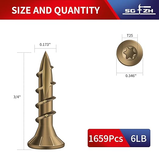 #8 x 3/4" Deck Screws (1659Pcs) 6lb. Carbon Steel, Yellow, Flat Head, Rust Resistant epoxy Coated, with T25 Star Bit