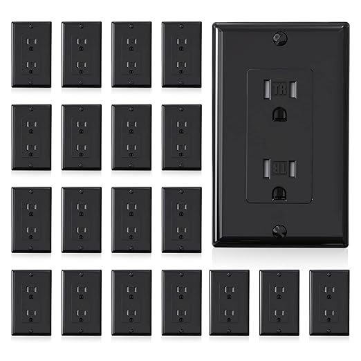 ELEGRP Decorator Wall Receptacle Outlet, Tamper Resistant 15 Amp Standard Electrical Wall Outlet, Residential Grade, Self-grounding, 125V, Wall Plate Included, UL Listed, Glossy Black, 20 Pack