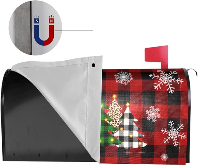Christmas Tree Mailbox Covers Magnetic Red Black Buffalo Plaid Mailbox Post Cover Winter Snowflakes Post Wrap Standard Size 18 X 21