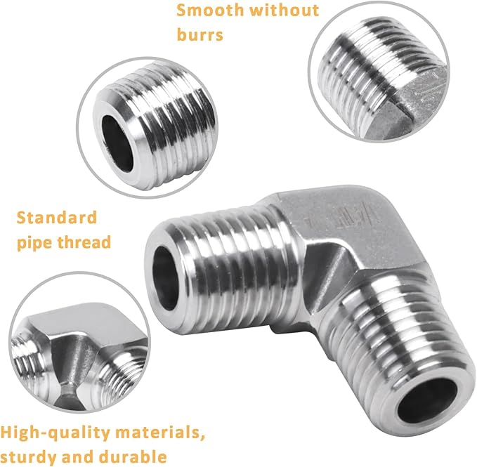 90 Degree Street Elbow - 1/4" NPT Male to 1/4" NPT Male Stainless Steel 304 Heavy Duty Forged Barstock Street Elbow Adapter Pipe Fitting (pack of 5)