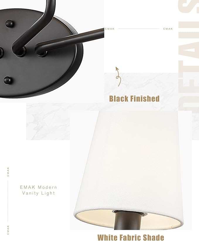 Emak Modern Black Vanity Light, Farmhouse Bathroom Light Fixtures with Flared White Fabric Shade, 3-Light Wall Sconces for Bathroom, Hallway, Bedroom, VL132-BK-WF-3
