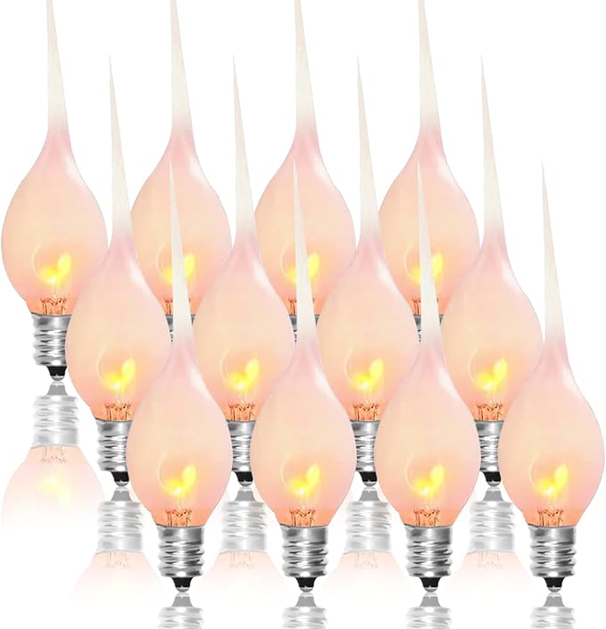 12 Pack Flicker Flame Silicone Candle Lights Bulbs, C7 Clear Silicone Flickering Halloween Decorations Lights Replacement Bulbs for Electric Candle Lamps, Chandelier, E12 Candelabra Base, 1 Watt