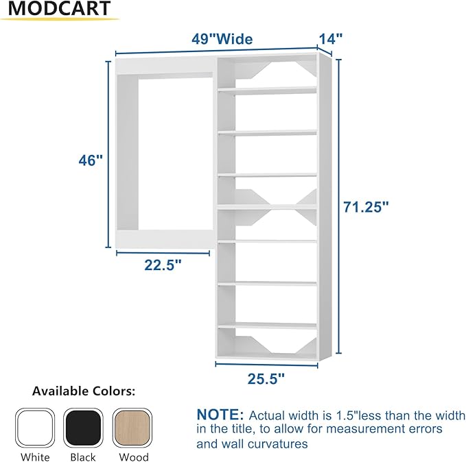 Modular Closet System, 49" Wide Closet Organizer System with Towers and Hanging, Wood Closet Tower Storage for Walk In Closets, Wall Mounted Wardrobe Organizer Kit System, Bedroom, White