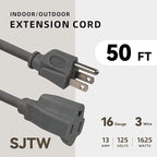 50ft Outdoor Extension Cord for Christmas Decorations- 16/3 Heavy Duty SJTW Waterproof Gray Electrical Cable with 3 Prong Grounded Plug for Safety, Great for Lawn and Major Appliances