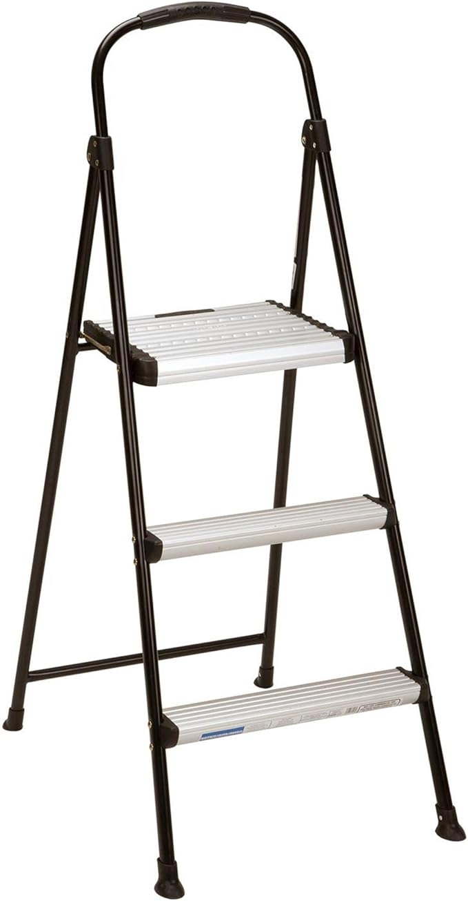 COSCO Lightweight Three-Step Folding Step Stool for Home Use - Large Platform, One-Hand Release, Non-Marring Leg Tips, Aluminum and Steel Frame