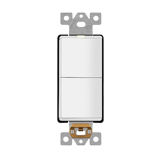 LIDER Minimalist Design Matte Finish Lighted Double Switch, Combination Frameless Decorator Switch with Locator Light, Ground Terminal, Single Pole, 15A 120-277V, UL Listed, LCS2-1P-W, White