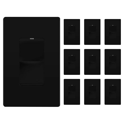 LIDER Minimalist Design Matte Finish Lighted Decorator Switch with Wall Plate, Frameless Paddle Light Switch with Locator Light, Single Pole, Grounding Screw, 15A 125V, UL Listed, Black, 10 Pack
