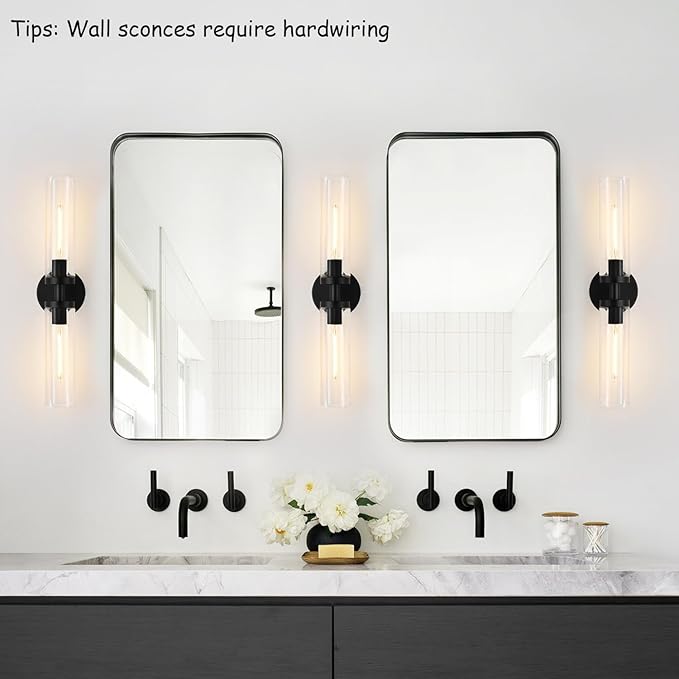 Wall Sconces Set of Two, Hardwired Matte Black Bathroom Sconces Wall Lighting with Clear Glass, Modern Sconces Wall Decor Set of 2 Bathroom Light Fixtures for Mirror Hallway (Bulbs Not Included)