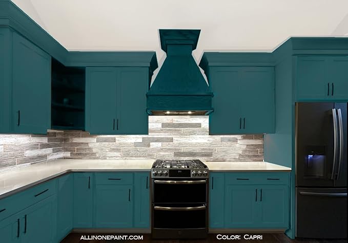 ALL-IN-ONE Paint, Durable cabinet and furniture paint. Built in primer and top coat, no sanding needed. Includes our 30 featured color card - Capri (green teal), 8oz Sample
