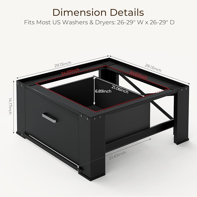 SKM 2-Pack 29" Washer & Dryer Pedestal Stand with Storage Drawer | Heavy-Duty Steel, 700LB Capacity | 14.3" Ergonomic Height, Black