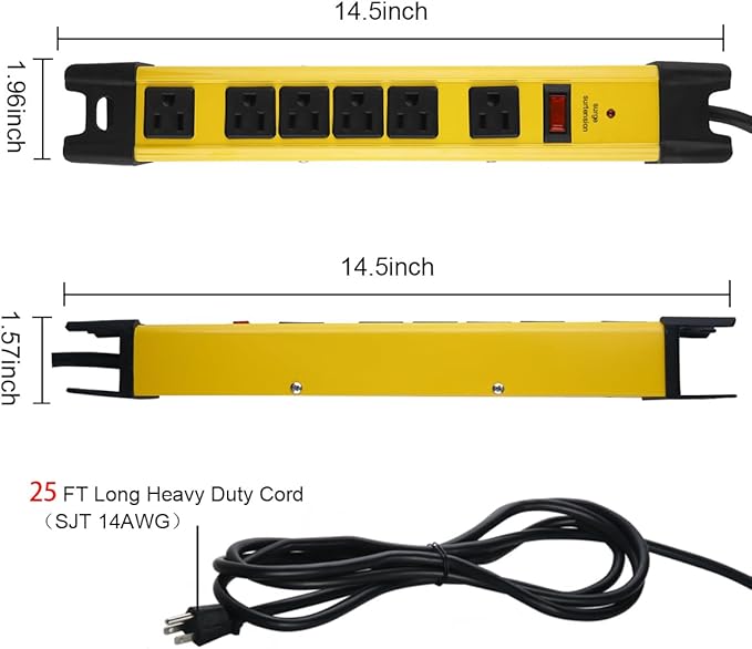 Heavy Duty Power Strip Surge Protector - 6 Outlet Industrial Strip with 15A, 25 FT Cord, 1200 Joules - ETL Listed Yellow Metal for Shop, Workshop, Garden