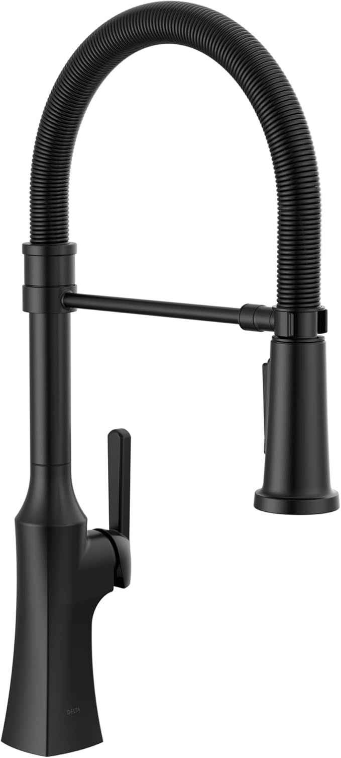Delta Ermelo Pro Style Commercial Kitchen Faucet with Pull Down Sprayer, Single Hole Matte Black Kitchen Sink Faucet, Single Handle, Matte Black 18887-BL-DST