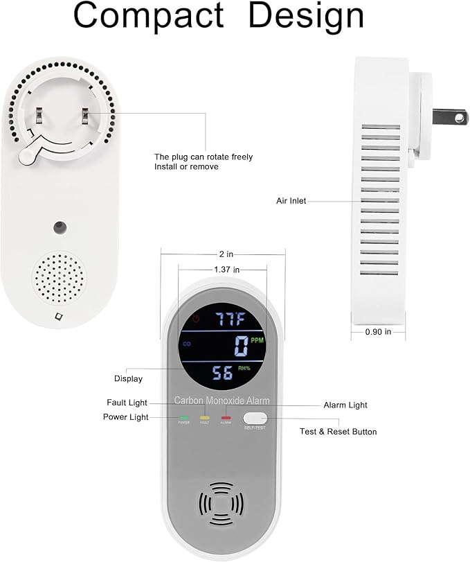 3 Packs Carbon Monoxide Detector Plug in, Carbon Monoxide Alarm,Real-time Digital Display 3-in-1 Level: PPM,°F & Humidity, CO Detector Monitor Alarm for Home,RV,Apartment