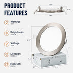 12 Pack Recessed Lighting 6 Inch with Junction Box, 5CCT 6 Inch Brushed Nickel LED Recessed Lights Dimmable 2700K-6000K, 15W 1200lm Ultra Thin Recessed Lighting - ETL and Energy Star Certified