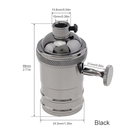 RTNLIT Black Lamp Socket, Vintage Edison E26/E27 Bulb Light Socket with On/Off Knob Switch