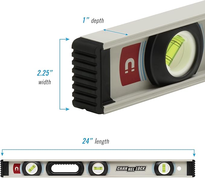 CHANNELLOCK 24-Inch, Professional-Grade Magnetic Aluminum I-Beam Level with 3 Vials, 5100-0024M