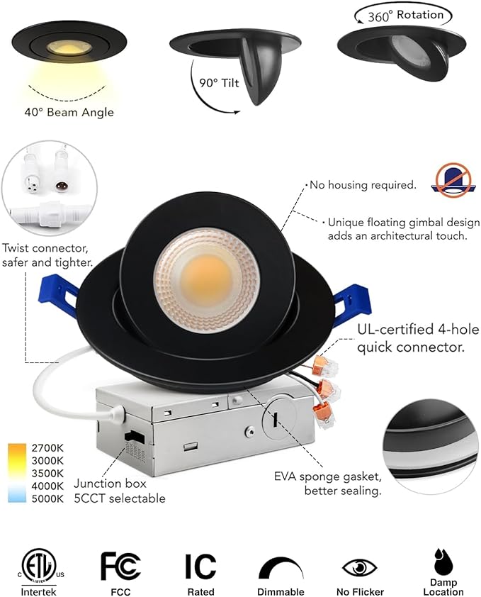 Adetu 4 inch 5CCT Gimbal Black Led Recessed Lights, 360°+90° Adjustable Directional Recessed Lighting, 2700K-5000K Dimmable Retrofit Eyeball Can Lights with Jbox, ETL&Energy Star(Black,1 Pack)