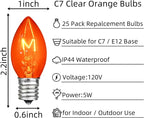 25 Pack Orange Light Bulb C7 Replacement Bulbs, Perfect as Halloween String Light Bulbs Replacement Orange Bulb, C7/E12 Candelabra Bulb, 5W Transparent Orange Incandescent Light Bulbs