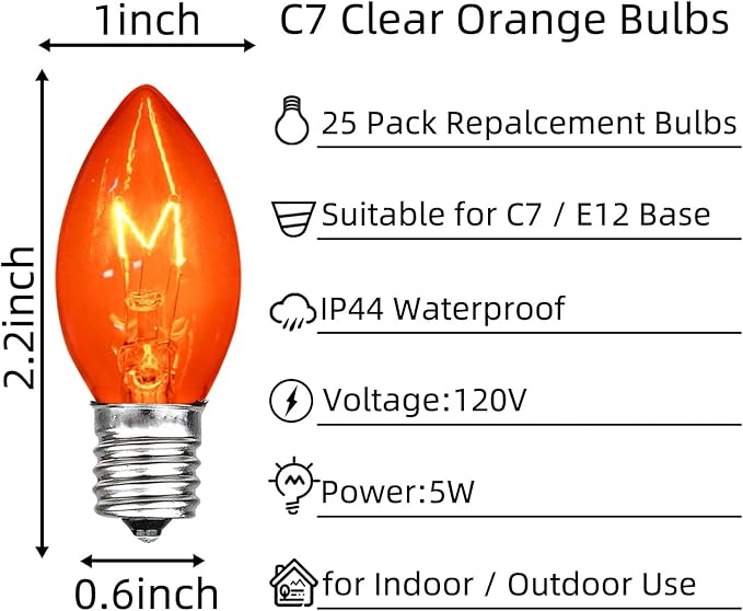 25 Pack Christmas String Light Bulbs, C7 Clear Orange Light Replacement Bulbs for Christmas Lights Indoor, Orange Light Bulb fits E12 Base, 5W Incandescent Bulbs for Christmas Decorations Outdoor