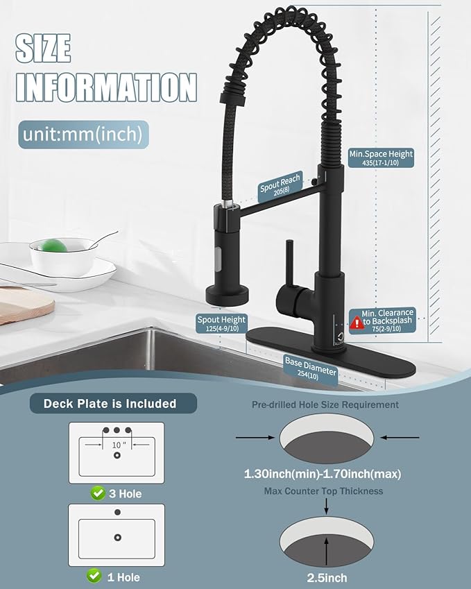 Kitchen Faucet Set, Black Kitchen Sink Faucets with Pull Down Sprayer and Soap Dispenser, Single Handle Stainless Steel Faucets for Kitchen Sinks, Farmhouse RV Faucet with Deck Plate