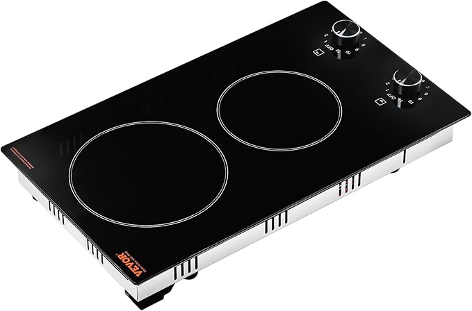 VEVOR Electric Ceramic Cooktop, Built-in Electric Stove Top, with Glass Panel, Knob Control, 11 Heat Levels, for Diverse Cooking Requirements (12inch-2burners/220V)