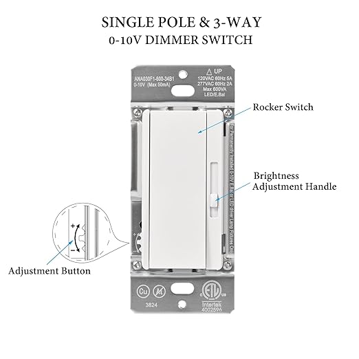 0-10V LED Dimmer Switch for 0-10V Dimmable LED Lights, Single-Pole or 3-Way, Wallplate Included, ETL Listed