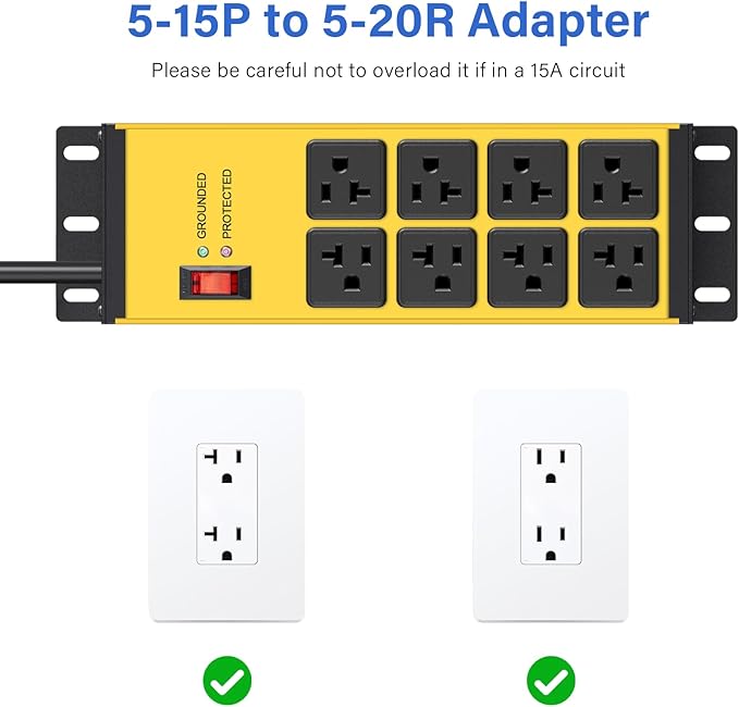 CCCEI 2PCS Heavy Duty Power Strip Surge Protector 20 AMP, 8 Outlets 12 Gauge Shop Garage Metal Multiple Outlets, 6 FT Extension Cord 5-15P Adapter High Amp 6-20R T-Slot 20a for Appliance Yellow.
