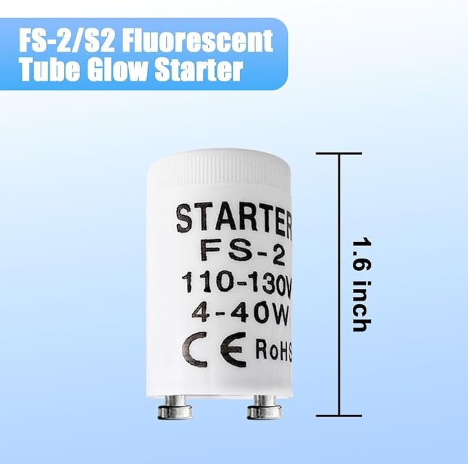 Fluorescent Starter, 4-40W, T8, 10 Count, Indoor, Long Lasting, 1.1E+2V AC, Compatible with GE, FS-2, FS-5, Preheat Fluorescent Lamps