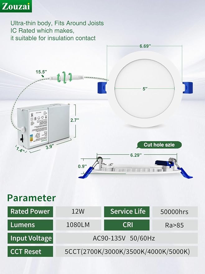 zouzai 20 Pack 6 Inch Ultra-Thin LED Recessed Ceiling Light with Junction Box 5CCT Adjustable Dimmable Can-Killer Downlight - ETL and Energy Star Certified