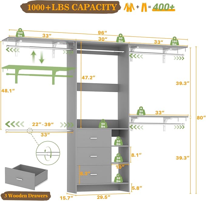 Aheaplus Closet System, Closet Organizer with 3 Wooden Drawers, 8FT Closet Organizer System, 96’’ Walk-in Closet Wardrobe Clothes Rack with Hanging Rods, Garment Rack, Fits 5.3-9 ft, -G6, Grey