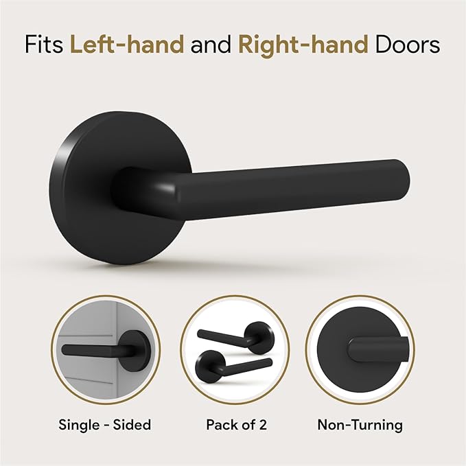 Mega Handles Ronn Dummy Lever & Lock Door Handle Set for Closet or French Doors Single Side, Non-Turning, Reversible Door Levers Fits All Standard Door Sizes, Screws Included - Matte Black (2 Pack)