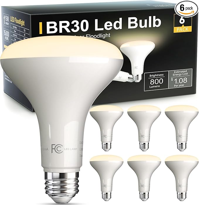 LED Flood Light Bulb Indoor, Dimmable BR30 Recessed Can Light Bulbs, 65 Watt Equivalent Efficient 9W, Warm White 3000K, E26 Standard Base, 800 LM 15000 Hour Lifetime, for Ceiling, Kitchen, 6 Pack