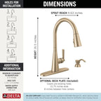 Delta Boyd Brushed Gold Kitchen Faucet with Pull Down Sprayer and Soap Dispenser, Modern Single Hole Kitchen Sink Faucet, Single Handle, Champagne Bronze 19893Z-CZSD-DST