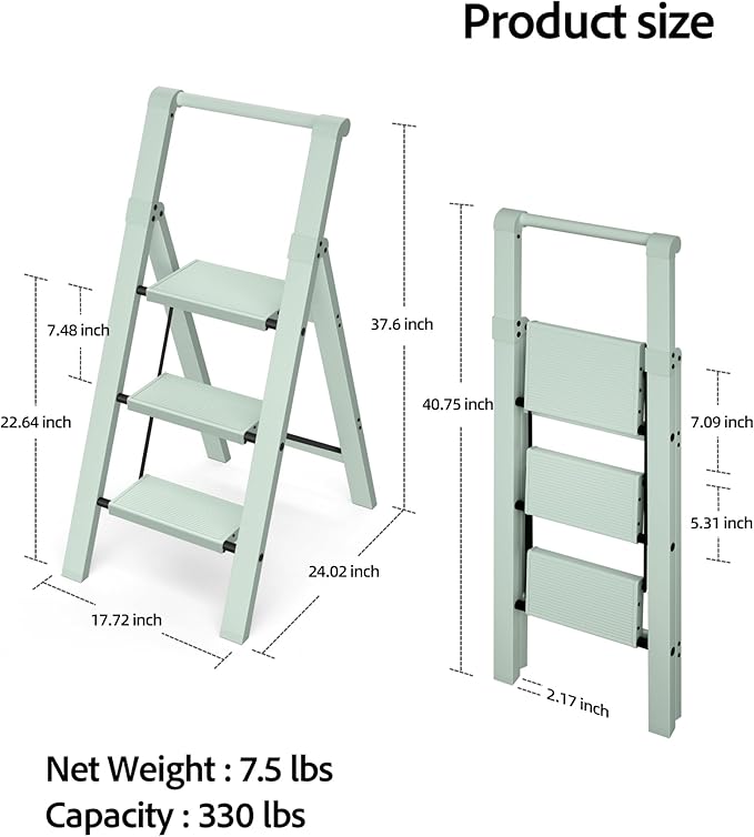 Taranta 3 Step Ladder,Lightweight Aluminum Step Stool with Convenient Handgrip, Folding Ladder with Anti-Slip Pedals, 330lbs Capacity Stepladder for Home, Office, Kitchen-Fairyland Green