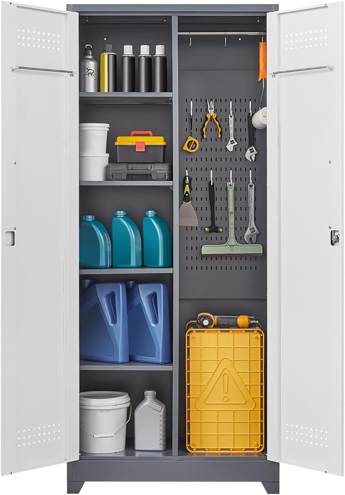FLEXIMOUNTS 73'' Tall Metal Storage Cabinet with Locking Door, Large Cleaning Tool Organizer for Brooms, Garage, Laundry Room, Bathroom, Grey-White