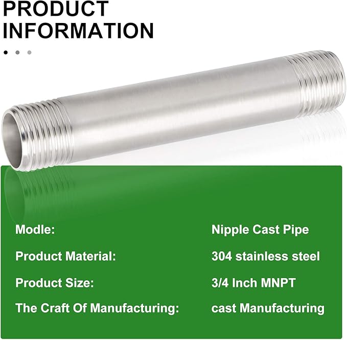 TAISHER 2PCS Stainless Steel Pipe Fittings, 3/4" NPT x 3/4" NPT Male Threaded, 6" Length Nipple Cast Pipe