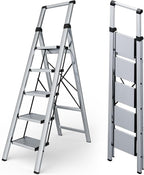 Taranta 5 Step Ladder, Portable Folding Ladder with Wide Pedal, Lightweight Aluminum Step Stool with Convenient Handgrip, 330 lbs Capacity Stepladder for Home, Office - Silver