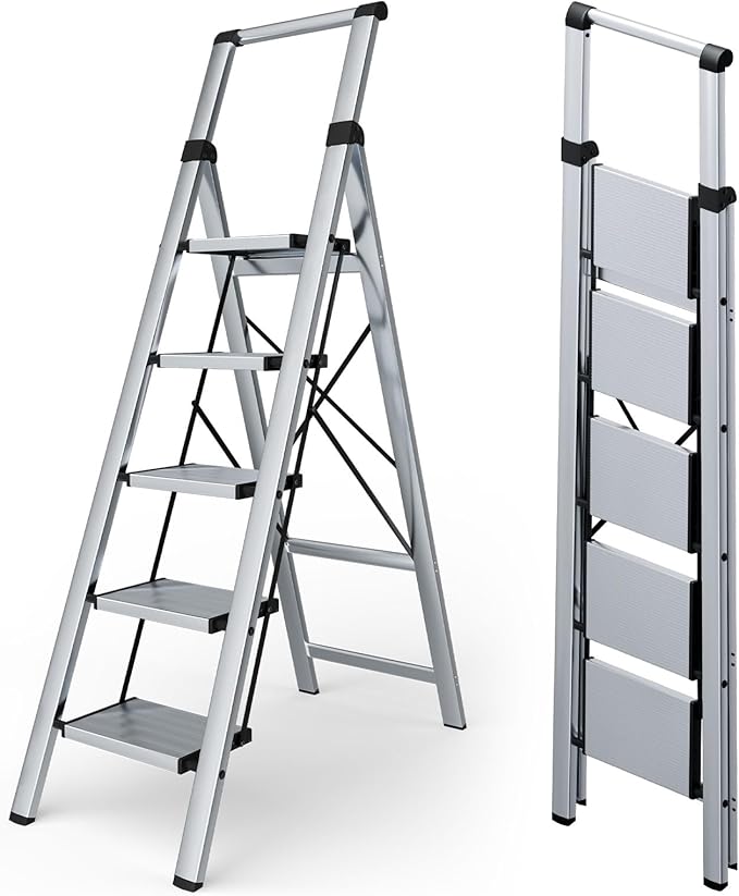 Taranta 5 Step Ladder, Portable Folding Ladder with Wide Pedal, Lightweight Aluminum Step Stool with Convenient Handgrip, 330 lbs Capacity Stepladder for Home, Office - Silver