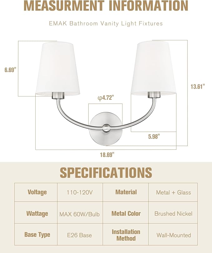 Emak 2-Light Bathroom Light Fixtures, Modern Brushed Nickle Vanity Light with Fabric Shade, Wall Sconces for Bathroom, Living Room, Bedroom, VL116-BN-2