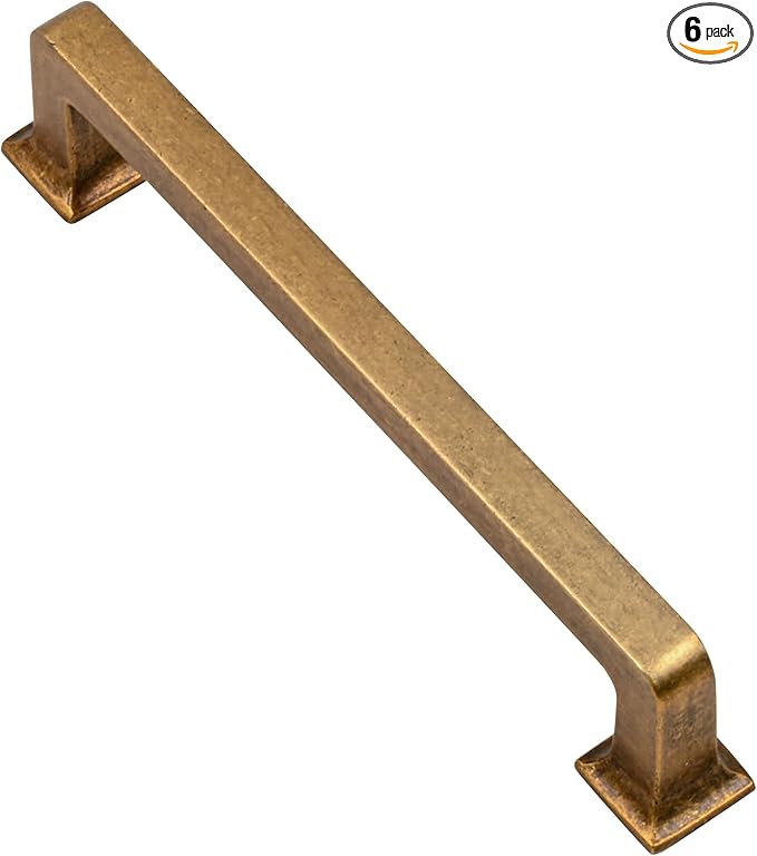 Alzassbg 6 Pack Antique Brass Cabinet Pulls, 5 Inch(128mm) Hole Centers Cabinet Handles Square Kitchen Hardware for Cabinets AL3046AE
