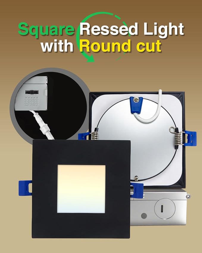 zouzai Square Led Recessed Lighting,5CCT Ultra Thin Square Led Ceiling Light with Junction Box,CRI90,2700K-5000K Selectable,Dimmable Canless Downlight,ETL and Energy Star (Black【12 Pack】, 4 Inch)